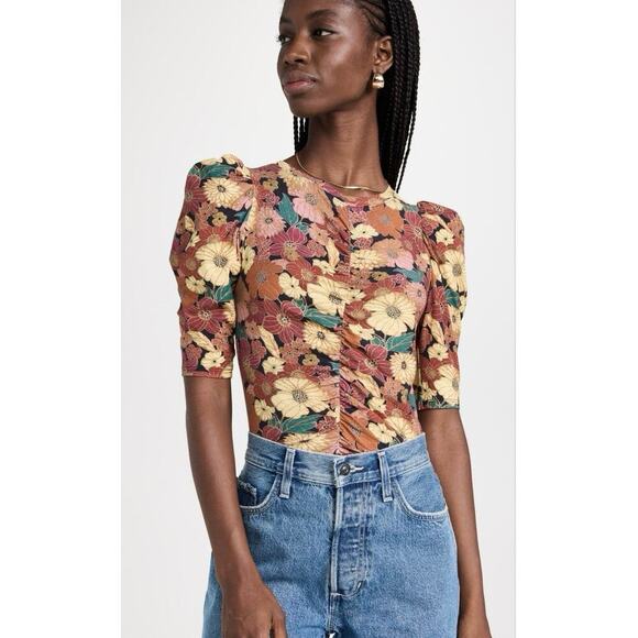 NATION LTD Floral Puff‑Sleeve Shirred Pima Cotton Floral Top Women’s Size Large - Picture 1 of 5